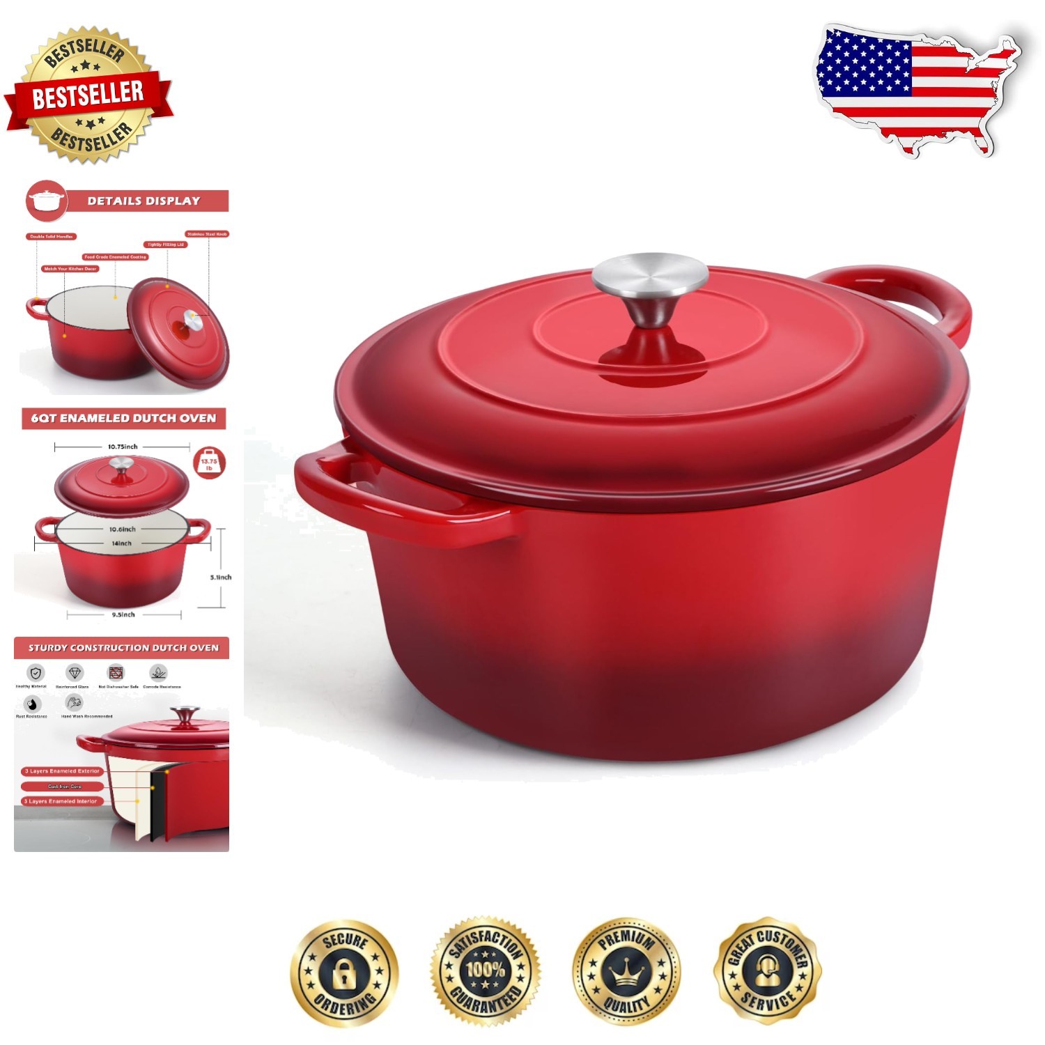 Elegant 6 Quart Red Enameled Cast Iron Dutch Oven - Oven Safe & Stylish