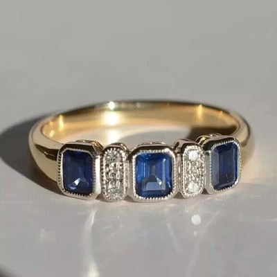 Simulated Emerald Cut Sapphire Eternity Wedding Ring 14K Yellow Gold Plated Band