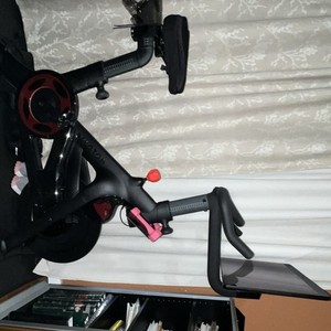 Peloton Upright Exercise Bike Touchscreen, Adjustable Seat, Shoes, Black/Red