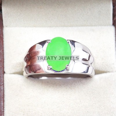 Jade Oval Cut Gemstone With Solid 14K White Gold Ring For Men's #B197 #
