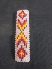 Vintage Native American Hand Beaded Hair Clip Rectangle Barrette Leather Back