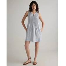Quince European Linen Swing Dress Size XL Blue Stripe PIntuck Sleeveless 