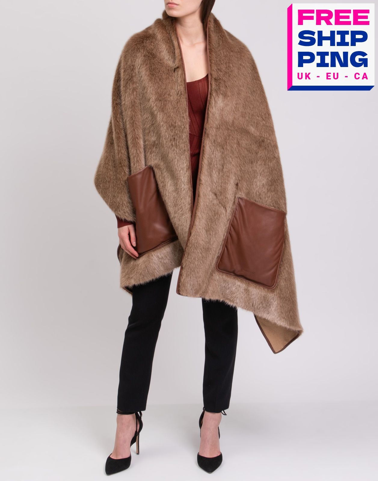 RRP€1779 BURBERRY Faux Fur Shawl / Coverup Cashmere Lining Leather Pockets
