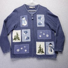 Croft Barrow Sweater Womens 1X Blue Zip Grandmacore Snowman Christmas Holiday