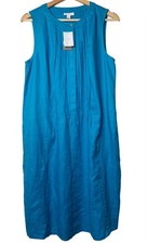 Pure J Jill Dress M 100% Linen Turquoise Sleeveless Button Front Pockets Pleated