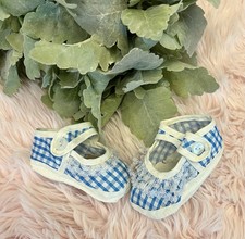 Vintage Baby Girl White Blue Gingham Lace Trim Mary Jane Crib Shoes Infant Sz 1