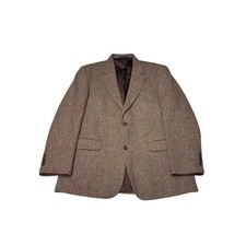 Lands End Harris Tweed Blazer Mens 44 Reg Brown Herringbone Wool Sport Coat