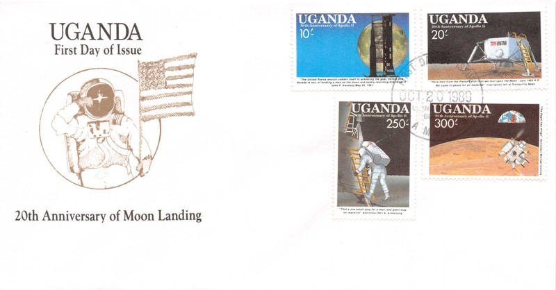 20TH ANNIV APOLLO 11 MOON LANDING FDC UGANDA  10/20/89 COLORFUL SPACE SET
