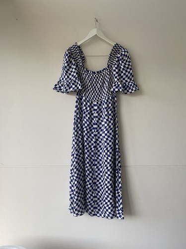 Kitri Navy Check Dress NEW Size Au 10 US 6 Navy Wavy Checker Shirred BNWT - Picture 5 of 11