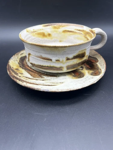 Artisan Made Studio Art Pottery Mug/Soup Bowl W/Underplate Brown Cream UnSigned
