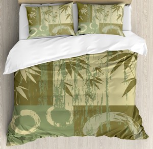 Green Duvet Cover Set With Pillow Shams Vintage Zen Asian Bamboo