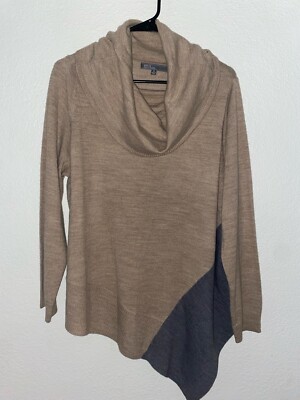 89th & Madison Sweater Women s 1X Tan Gray Cowl Neck Asymmetrical Hem Colorblock