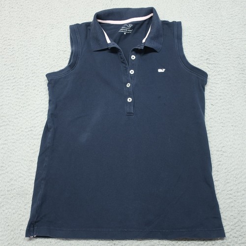 Vineyard Vine Shirt Girl M Blue 34x23 Cotton Sleeveless Button Whale