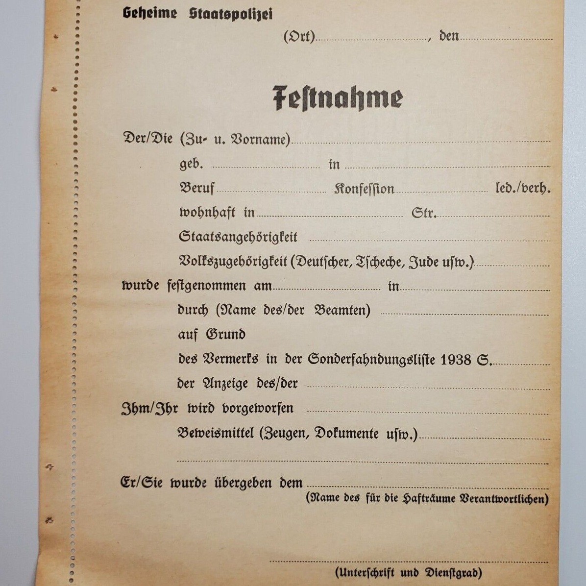 WW2 German Secret Police small printed Ticket arrest paperwork