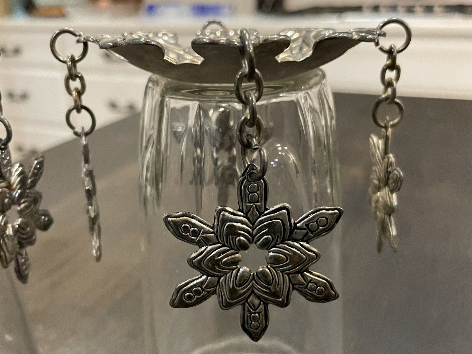 Set of 2 Vintage Silver Tone 3.5" Metal Bobeche Ornate w/ Hanging Snowflakes B77