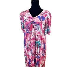 Go Softly Womens Pink Flamingo MuMu Housedress Small Zip Up Short Sleeve Midi