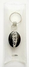 Swirly Boho Keychain Silvertone Metal on Black Keyring New Gift Keytag