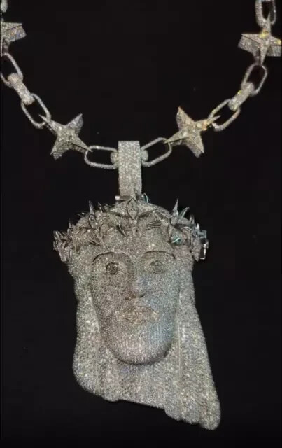 4.10Ct Round Cut Real Moissanite Jesus Face Pendant 14K White Gold Plated Silver