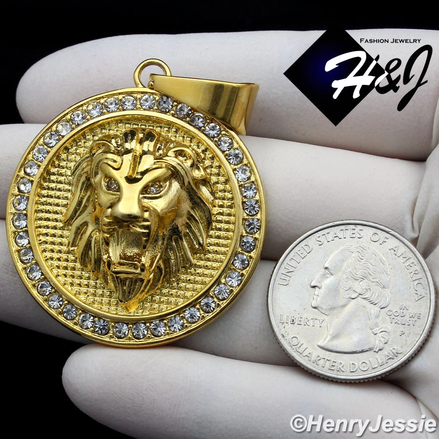 24 «МУЖЧИН из нержавеющей стали 6 мм позолоченный кубинский цепочка CZ лев круглый кулон * GP109 - Изображение 4 из 4