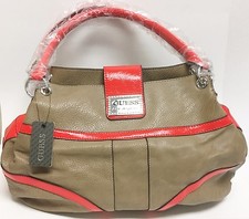NEW-GUESS KISSA STONE,TAUPE+CORAL RED LEATHERETTE TOTE,HAND BAG, PURSE-MSRP$125