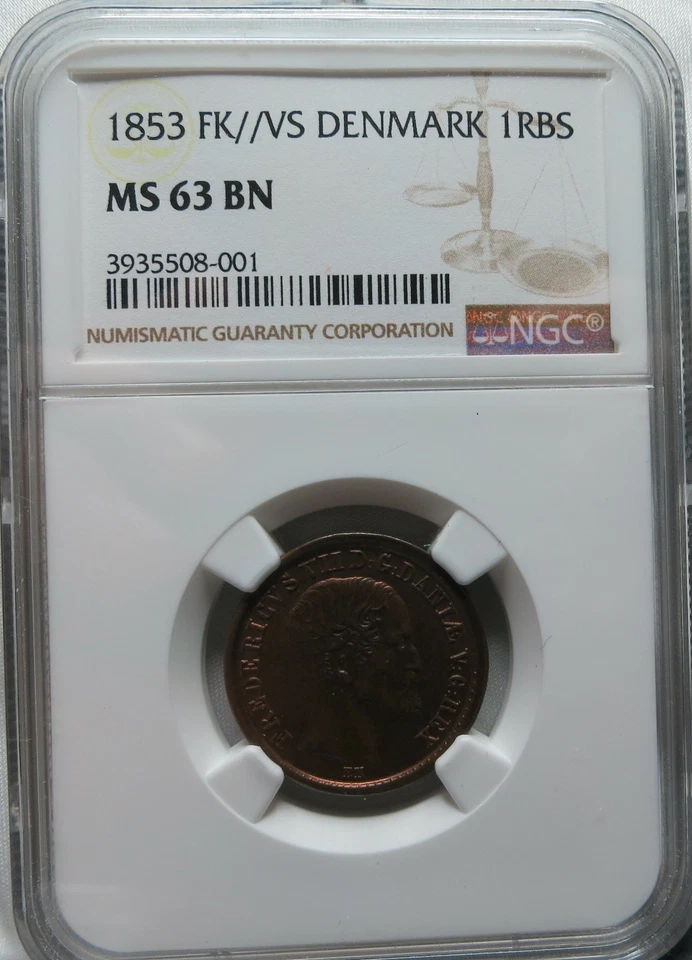 DENMARK 1 Rigsbank Skilling R.B.S. 1853 NGC MS 63 BN UNC Mint Red Bronze Sword - Image 3 of 3
