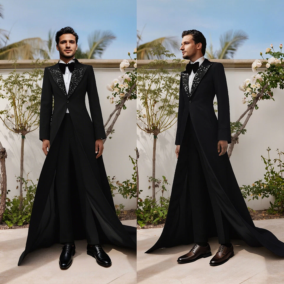 Men's Solid Suits 2 Pieces Slim Fit Jacket Pant Long Wraps for Wedding Party - Image 2 of 4