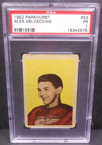 1952-53 ALEX DELVECCHIO #53 Parkhurst PSA 1 Wings HALL OF FAME Star Beckett $500