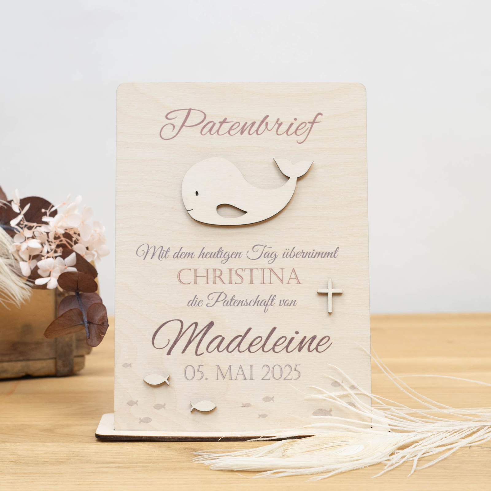 meinkerzenshop® Patenbrief mit Holzdesign Natur WAL für Deine Paten als Geschenk