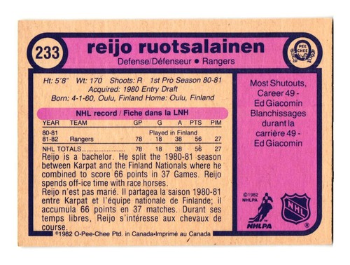 1982-83 O-Pee-Chee #233 Reijo Ruotsalainen New York Rangers - Picture 2 of 2