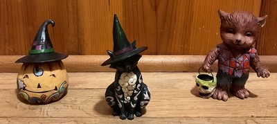 Set Of 3 Jim Shore Miniature Halloween Figures Cat, Pumpkin, & Werewolf