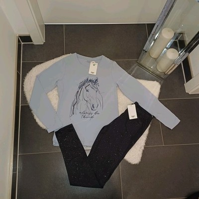 Neu Schlafanzug 158 164 blau   Pferd pailetten glitzer Leggings homewear outfit