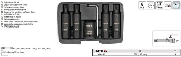 "Yato Schlagbit-Satz SchlagschlüSsel Spline 6-Tlg. Crmo 3/4\" YT-1157"-image