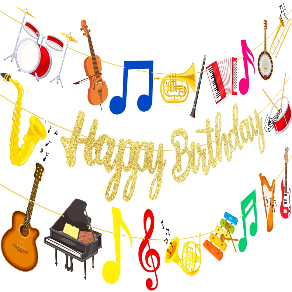 Banderas doradas de feliz cumpleaños - Instrumento musical tema colgante decoración para... Foto 2 de 4