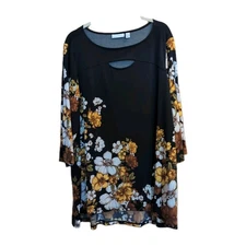 Susan Graver Tunic Top 3X Black Dark Floral Mature Liquid Knit Stretch 
