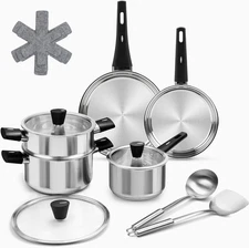 Juego cocina acero inoxidable 14piezas ollas sartenes mango seguro lava vajillas