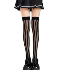 WOMEN'S VERTICAL STRIPES SHEER BLACK OVER THE KNEE THIGH HIGH STOCKINGS TIGHTS