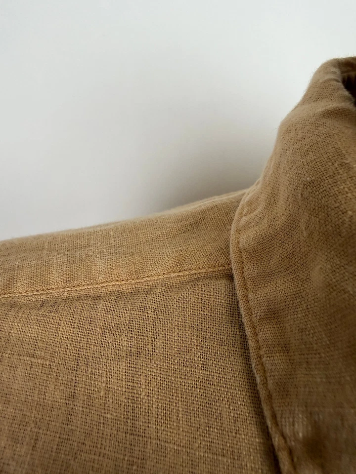 Винтажная льняная рубашка мужская большая желтовато-коричневая минимальная на пуговицах курортная повседневная опрятная Италия - Изображение 4 из 4