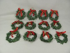 SET 12 MINI GREEN HOLLY LEAF CHRISTMAS WREATHS BELLS  BOWS NEW IN PACKAGE 3