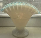 Vintage Fenton Aqua Blue Crest Milk Glass Ruffled Edge Footed Fan Vase 4.0 " H