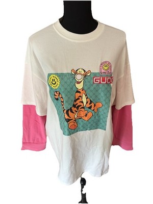 Wanquangonglue Dont Worry Be Happy Tiger White T-shirt with Pink Sleeves Size L