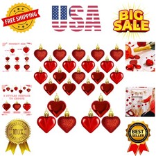 24PCS Heart Shaped Ornaments, Red Heart Shaped Ornaments, Valentines Heart Ha...