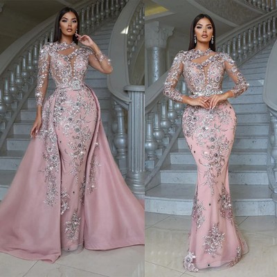 Pink Cocktail Evening Dresses Sheer Jewel Neck Long Sleeve Sexy Detachable Train