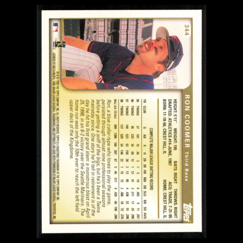 Ron Coomer #344 1999 Topps Minnesota Twins Baseball Card MLB NM - Image 2 of 3