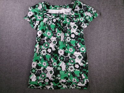 Halogen Top Womens M Green Black White Floral Short Sleeve Square Neck Cotton