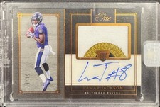2018 Panini One Lamar Jackson RPA On Card Autograph 3 Color Patch Rookie /35 RC. rookie card picture