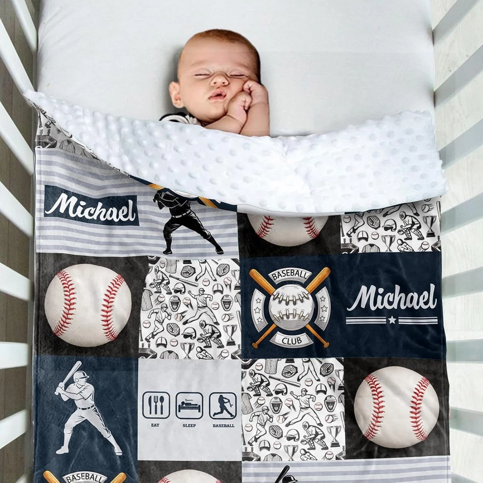 Manta de bebé de béisbol personalizada con respaldo punteado de doble capa para niños Foto 4 de 4