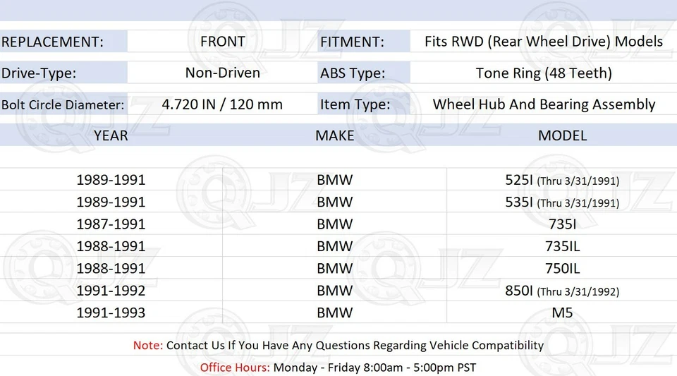 [DELANTERO (cantidad 2)] Nuevo conjunto de buje de rueda para BMW 735i 1987-1991 tracción trasera sedán 3,4 L Foto 2 de 4