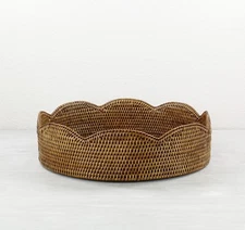 NEW Tight Woven Scalloped Round Rattan Tray with Handles, Large, Honey Brown
