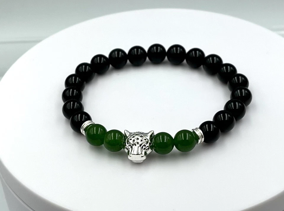 Pulsera Hombre Pantera Jade Verde Natural, Piedra Obsidiana Negra (8mm) Foto 2 de 3