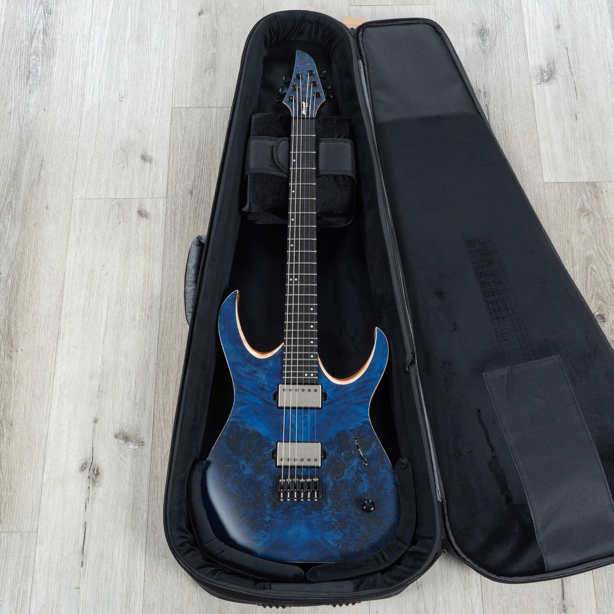 Mayones Duvell Elite 6 Guitar, 3A Eye Poplar Top, Trans Dirty-Blue